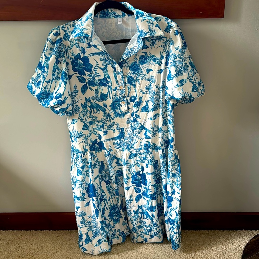 Blue and white printed dress